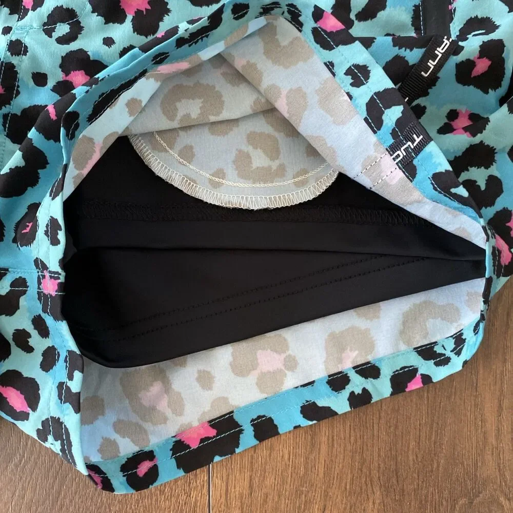 Tucann Swim Trunks Mens Medium Teal and Pink Leopard Board Shorts Lined Beach